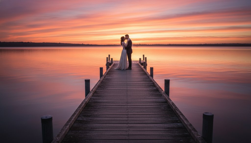 An epic, professionally colour-graded photograph showcasing a couple embracing passionately at one of Bairnsdale pre-wedding photoshoot locations, with the dramatic sunset over the Gippsland Lakes creating a breathtaking backdrop, captured by Image by SD.