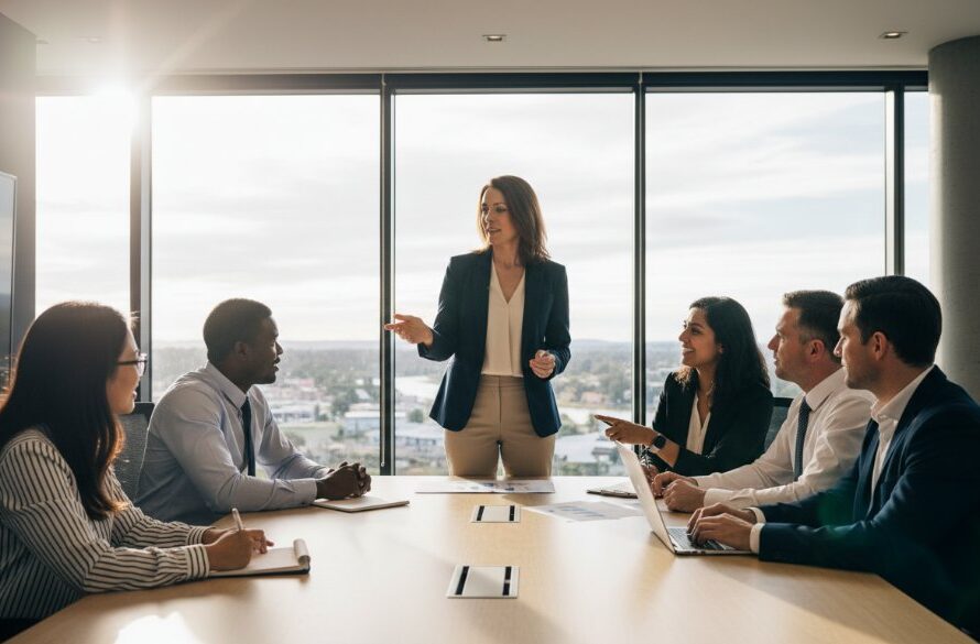 Dynamic wide shot showcasing the value of Bairnsdale professional corporate photography services, featuring a diverse team of professionals in modern business attire collaborating energetically in a well-lit Bairnsdale office space, with a confident female leader presenting to a group, captured with dramatic, cinematic lighting and professional colour grading, emphasizing connection and leadership.
