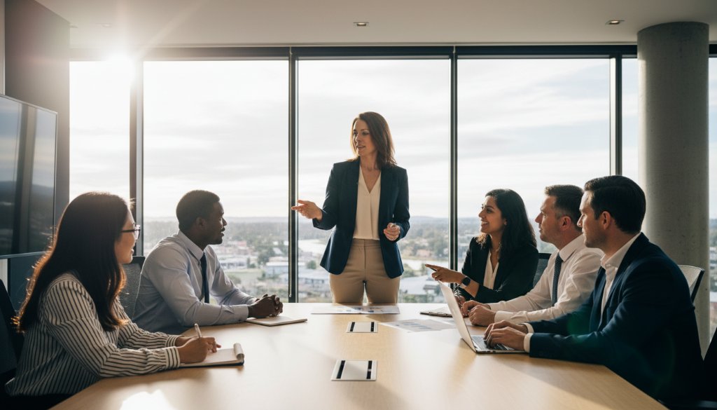 Dynamic wide shot showcasing the value of Bairnsdale professional corporate photography services, featuring a diverse team of professionals in modern business attire collaborating energetically in a well-lit Bairnsdale office space, with a confident female leader presenting to a group, captured with dramatic, cinematic lighting and professional colour grading, emphasizing connection and leadership.