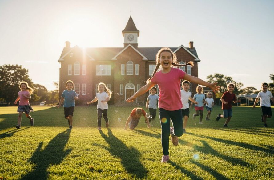 A vibrant, wide-angle shot of Bairnsdale school children laughing and running on a sunny day during an outdoor class, with the focus keyphrase Bairnsdale school photography creating lasting student memories, capturing genuine joy and energy, dramatic golden hour lighting, professional colour grading.