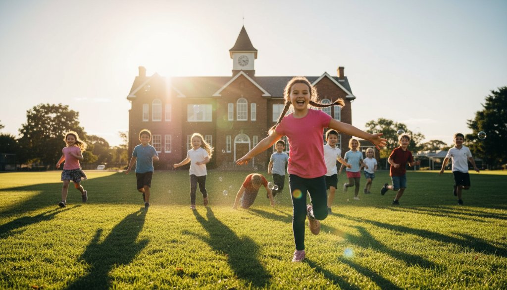 A vibrant, wide-angle shot of Bairnsdale school children laughing and running on a sunny day during an outdoor class, with the focus keyphrase Bairnsdale school photography creating lasting student memories, capturing genuine joy and energy, dramatic golden hour lighting, professional colour grading.