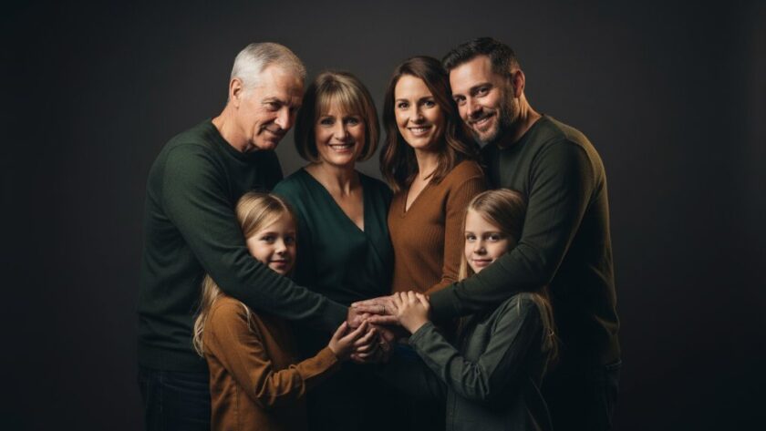 An epic moment captured in Bairnsdale studio photography for dramatic family portraits, showcasing a Bairnsdale family's deep connection with dramatic, cinematic lighting in a professional studio setting.