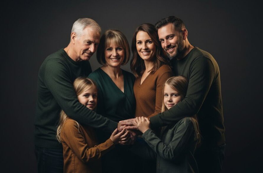 An epic moment captured in Bairnsdale studio photography for dramatic family portraits, showcasing a Bairnsdale family's deep connection with dramatic, cinematic lighting in a professional studio setting.