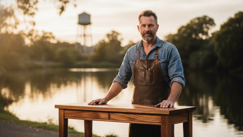 A dynamic shot of a local artisan in Bairnsdale showcasing their handcrafted goods against the picturesque backdrop of the Mitchell River at sunset, dramatically lit, perfectly capturing the essence of Bairnsdale Victoria advertising photography for local businesses.