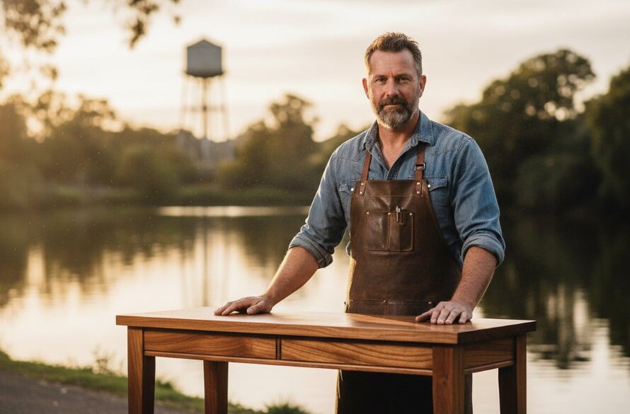 A dynamic shot of a local artisan in Bairnsdale showcasing their handcrafted goods against the picturesque backdrop of the Mitchell River at sunset, dramatically lit, perfectly capturing the essence of Bairnsdale Victoria advertising photography for local businesses.