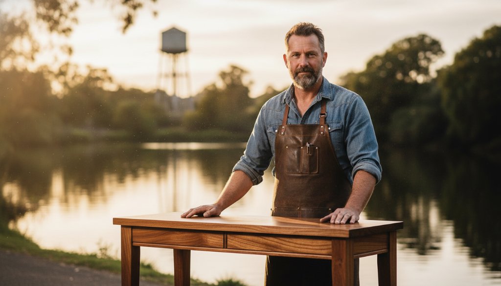 A dynamic shot of a local artisan in Bairnsdale showcasing their handcrafted goods against the picturesque backdrop of the Mitchell River at sunset, dramatically lit, perfectly capturing the essence of Bairnsdale Victoria advertising photography for local businesses.