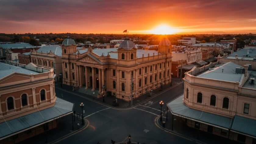 Breathtaking drone view capturing the grandeur of the Ballarat Central aerial photography heritage, showcasing the majestic architecture of the Art Gallery of Ballarat under a dramatic sunset, with golden light illuminating its facade and surrounding streetscape, an epic moment of architectural beauty.