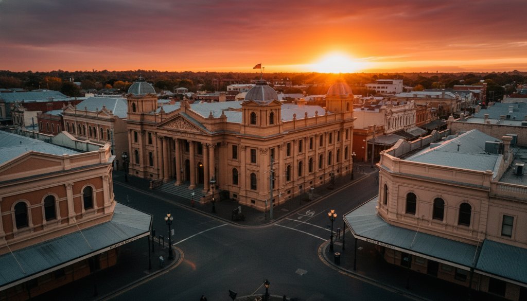 Breathtaking drone view capturing the grandeur of the Ballarat Central aerial photography heritage, showcasing the majestic architecture of the Art Gallery of Ballarat under a dramatic sunset, with golden light illuminating its facade and surrounding streetscape, an epic moment of architectural beauty.