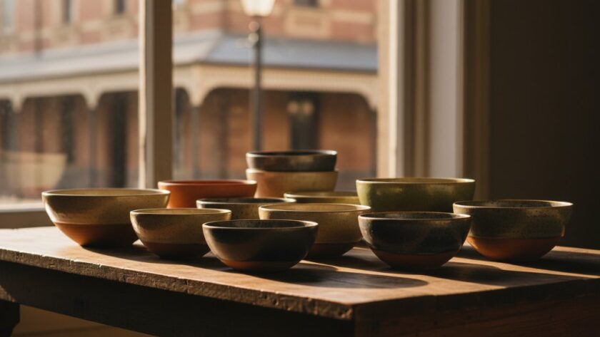 Ballarat Central artisan product photography featuring a beautifully handcrafted ceramic mug glowing under dramatic studio lighting, with a shallow depth of field highlighting intricate details, set against a blurred historical Ballarat street backdrop, conveying a sense of heritage and craftsmanship.