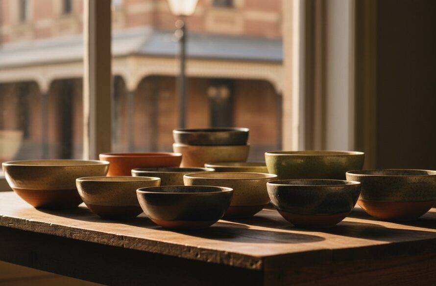 Ballarat Central artisan product photography featuring a beautifully handcrafted ceramic mug glowing under dramatic studio lighting, with a shallow depth of field highlighting intricate details, set against a blurred historical Ballarat street backdrop, conveying a sense of heritage and craftsmanship.