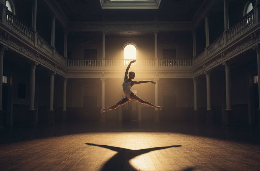 An epic moment of a ballerina mid-leap, dramatically illuminated against the grand, historic architecture of the Ballarat Mechanics' Institute in Ballarat Central, showcasing the elegance of Ballarat Central ballet photography dramatic historic venues.