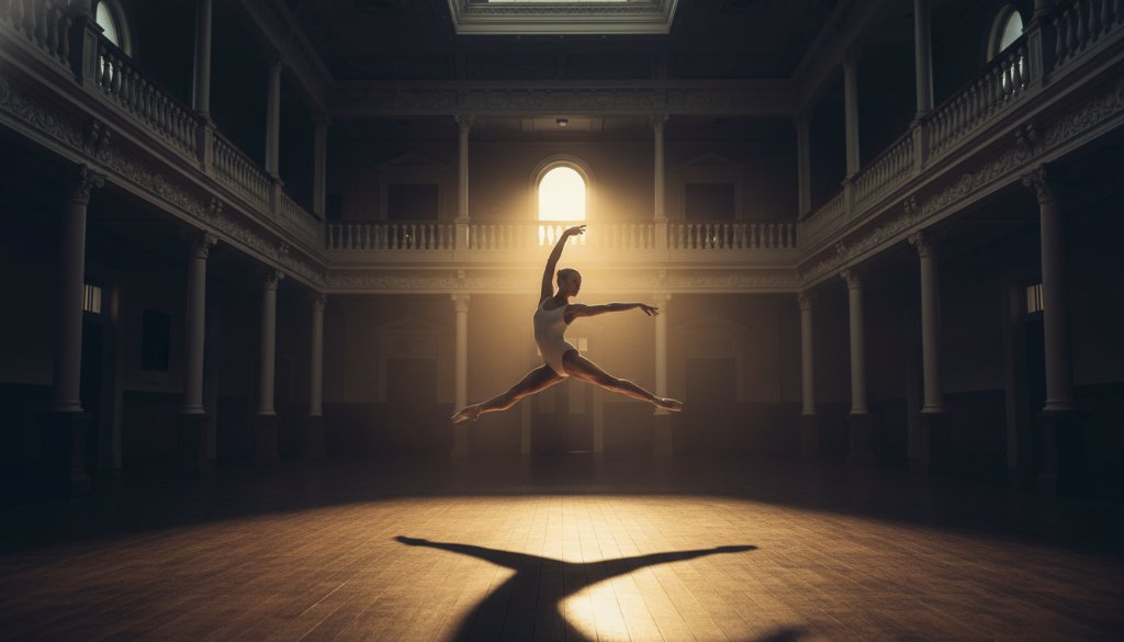 An epic moment of a ballerina mid-leap, dramatically illuminated against the grand, historic architecture of the Ballarat Mechanics' Institute in Ballarat Central, showcasing the elegance of Ballarat Central ballet photography dramatic historic venues.