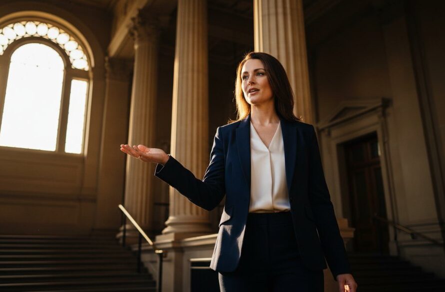 Dynamic and sophisticated Ballarat Central corporate headshots for local professionals, featuring a confident business leader in a modern Ballarat heritage building, bathed in dramatic natural light, exuding professionalism and approachability.