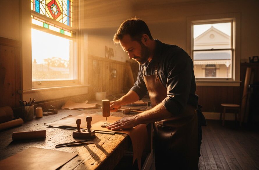 A compelling wide-angle shot showcasing dynamic Ballarat Central editorial photography for authentic brand stories, featuring a local artisan passionately crafting in their workshop, bathed in dramatic golden hour light filtering through large windows, evoking a sense of creativity and heritage.