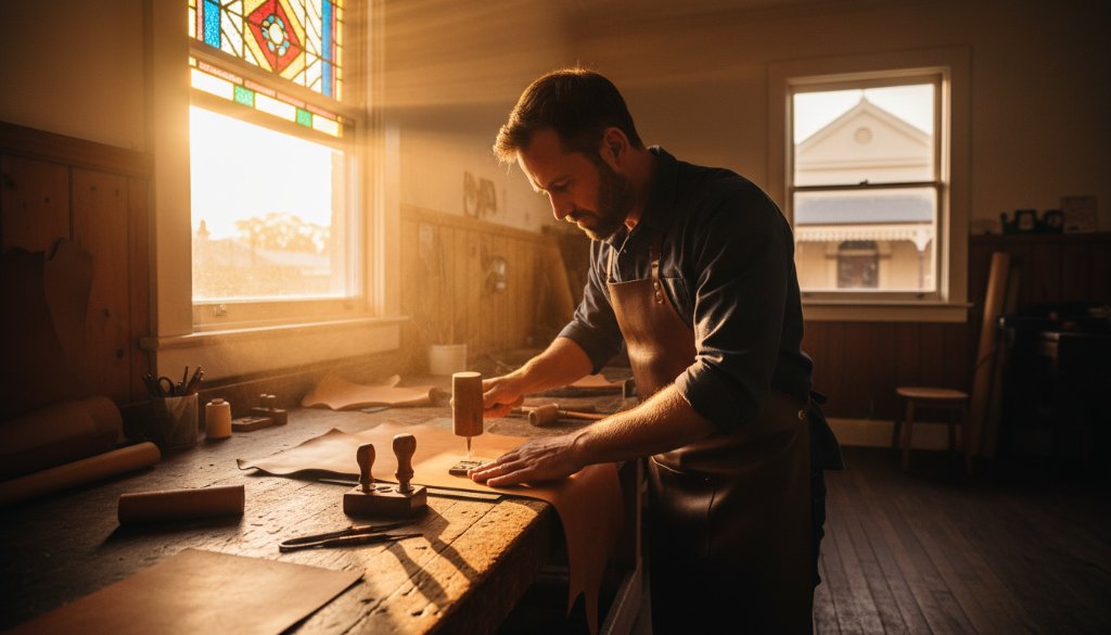 A compelling wide-angle shot showcasing dynamic Ballarat Central editorial photography for authentic brand stories, featuring a local artisan passionately crafting in their workshop, bathed in dramatic golden hour light filtering through large windows, evoking a sense of creativity and heritage.