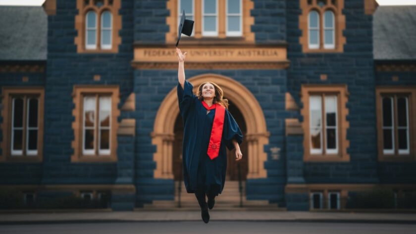A joyous Ballarat Central graduation photography celebration portraits moment, featuring a graduate in full regalia triumphantly throwing their cap in front of the historic University of Ballarat building, bathed in golden hour light.