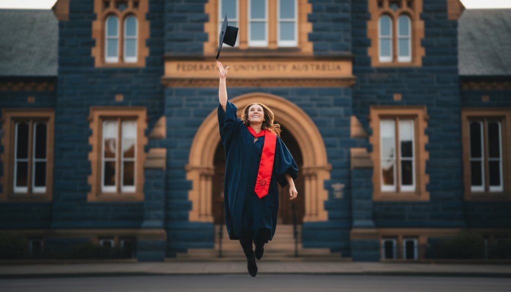 A joyous Ballarat Central graduation photography celebration portraits moment, featuring a graduate in full regalia triumphantly throwing their cap in front of the historic University of Ballarat building, bathed in golden hour light.