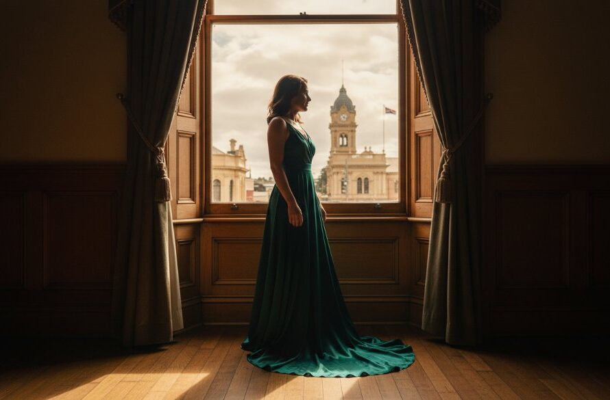 A confident woman in elegant lingerie, softly lit by morning sun streaming through a large window, creating a dramatic silhouette, during a Ballarat Central intimate boudoir photography experience.