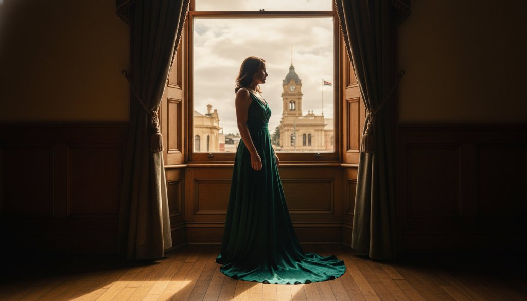 A confident woman in elegant lingerie, softly lit by morning sun streaming through a large window, creating a dramatic silhouette, during a Ballarat Central intimate boudoir photography experience.