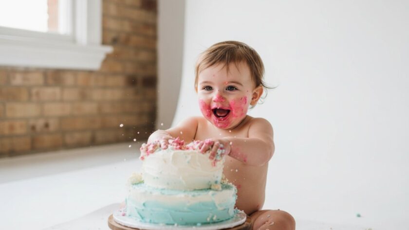 A wide-angle, candid photograph capturing the peak joyful explosion of a toddler during a Ballarat Central Joyful First Birthday Cake Smash Photoshoot, covered in colourful frosting, giggling amidst a whimsical, pastel-themed set-up with soft, warm natural light streaming from a studio window.