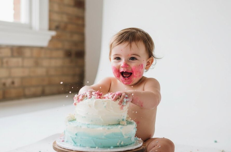 A wide-angle, candid photograph capturing the peak joyful explosion of a toddler during a Ballarat Central Joyful First Birthday Cake Smash Photoshoot, covered in colourful frosting, giggling amidst a whimsical, pastel-themed set-up with soft, warm natural light streaming from a studio window.