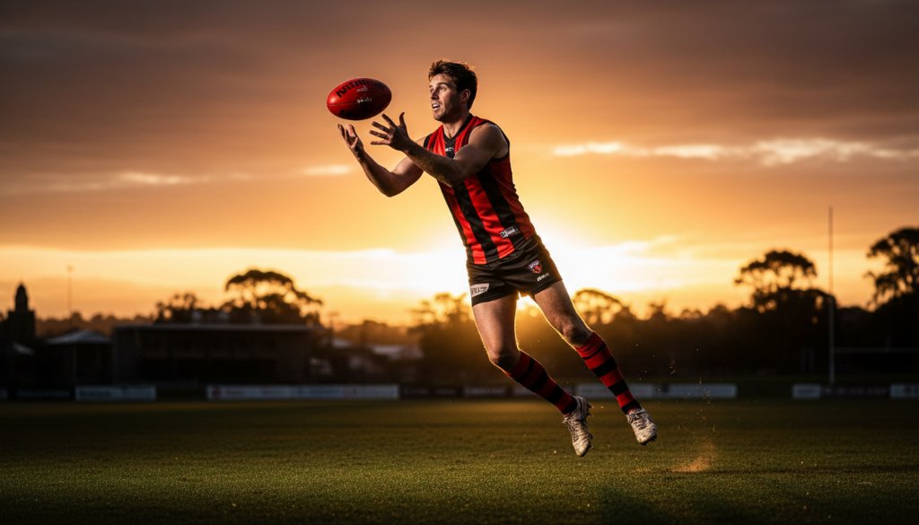 Dynamic Ballarat Central junior sports photography moments: A young footballer in mid-air, catching a ball with intense focus at Eureka Stadium, dramatic sunset lighting, professional photography.