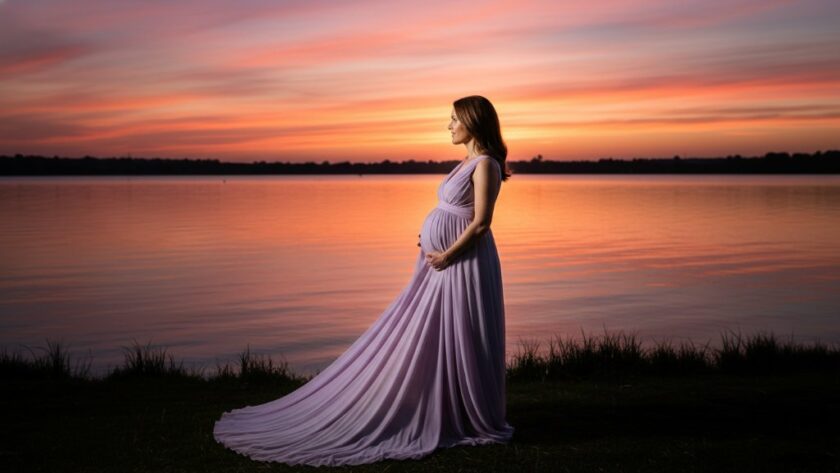 A glowing expectant mother, silhouetted against the dramatic sunset over Lake Wendouree in Ballarat Central, gently cradling her baby bump, encapsulating Ballarat Central maternity photoshoot timeless memories.