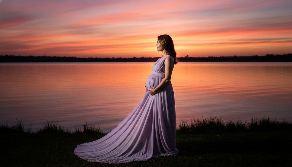 A glowing expectant mother, silhouetted against the dramatic sunset over Lake Wendouree in Ballarat Central, gently cradling her baby bump, encapsulating Ballarat Central maternity photoshoot timeless memories.