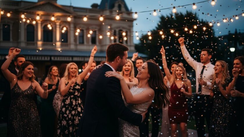 An energetic wide-angle shot from Ballarat Central party photography capturing joyful moments, showing guests laughing and dancing under string lights at a vibrant celebration, with a blurred historic Ballarat building in the background, expertly lit with dramatic flair.