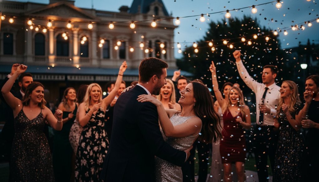 An energetic wide-angle shot from Ballarat Central party photography capturing joyful moments, showing guests laughing and dancing under string lights at a vibrant celebration, with a blurred historic Ballarat building in the background, expertly lit with dramatic flair.