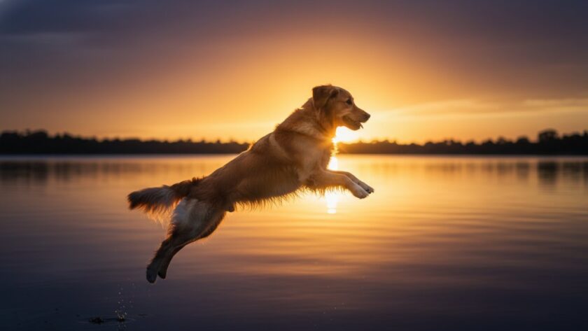 A golden retriever joyfully leaping through golden afternoon light in the Ballarat Botanical Gardens, capturing a Ballarat Central pet photography unique outdoor portrait with dramatic backlighting and emotional impact.