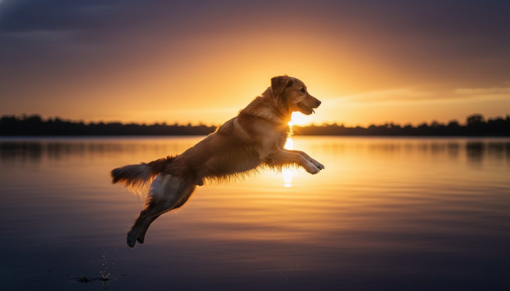 A golden retriever joyfully leaping through golden afternoon light in the Ballarat Botanical Gardens, capturing a Ballarat Central pet photography unique outdoor portrait with dramatic backlighting and emotional impact.