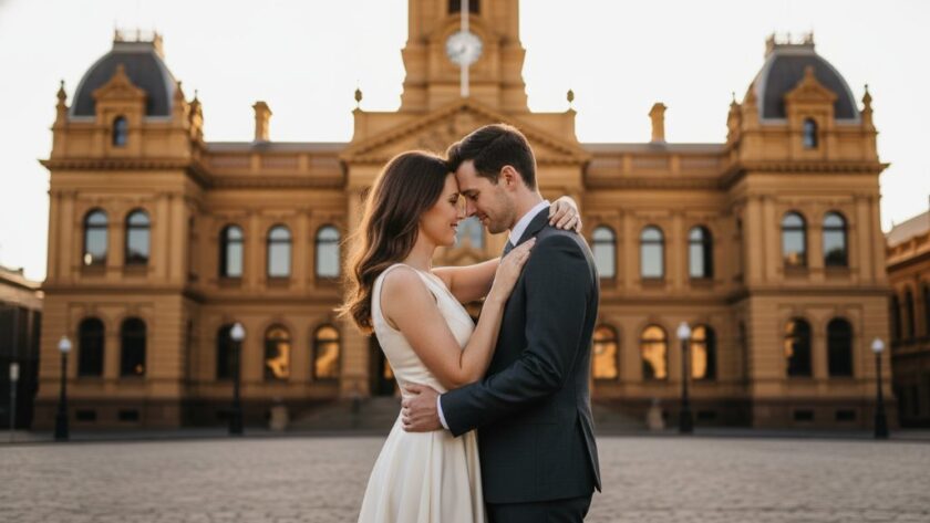 An intimate, epic moment captured with Ballarat Central pre-wedding photography heritage charm, featuring a couple embracing warmly at sunset in front of the historic Ballarat Town Hall, with warm golden light and a soft focus creating a dreamlike, romantic atmosphere.