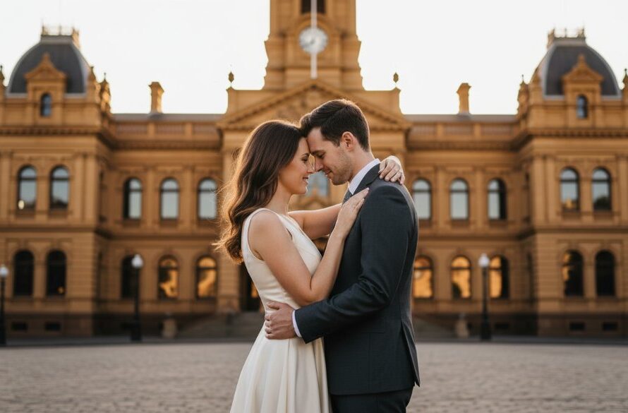 An intimate, epic moment captured with Ballarat Central pre-wedding photography heritage charm, featuring a couple embracing warmly at sunset in front of the historic Ballarat Town Hall, with warm golden light and a soft focus creating a dreamlike, romantic atmosphere.
