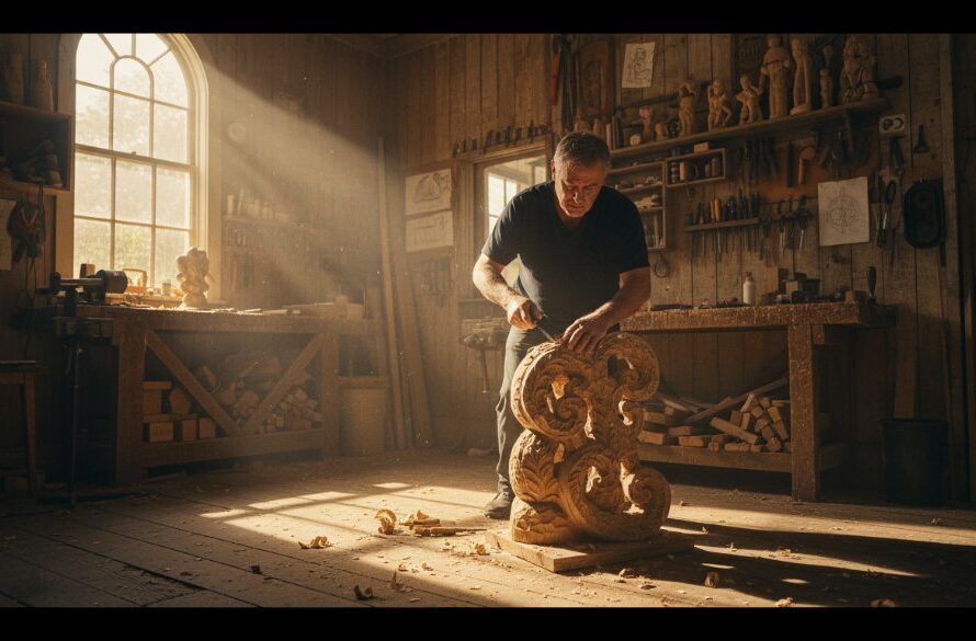 Dynamic wide-angle shot capturing a professional commercial photography session for a heritage business in Ballarat Central, showcasing a historic building's intricate facade bathed in dramatic morning light, with a photographer capturing an 'epic moment' of a local artisan at work, emphasizing the authenticity and craft.