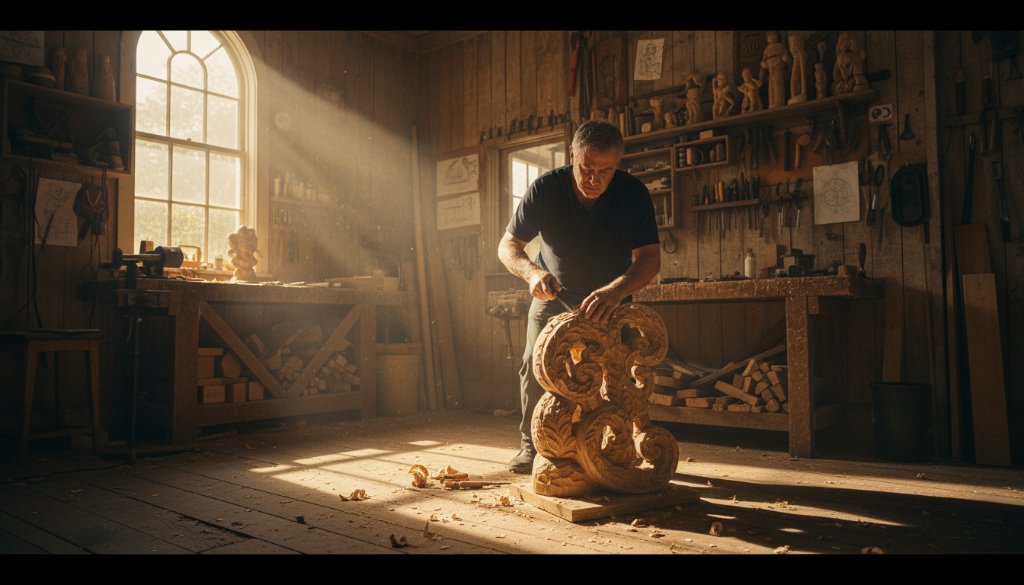 Dynamic wide-angle shot capturing a professional commercial photography session for a heritage business in Ballarat Central, showcasing a historic building's intricate facade bathed in dramatic morning light, with a photographer capturing an 'epic moment' of a local artisan at work, emphasizing the authenticity and craft.