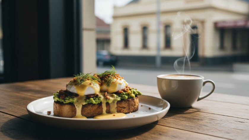 An exquisitely plated artisan brunch dish, possibly Eggs Benedict or a gourmet toast, bathed in dramatic natural light streaming through a window in a charming Ballarat Central cafe, expertly captured by a Ballarat Central professional food photography for cafes specialist, showcasing its vibrant colours and textures in an 'epic moment' style.
