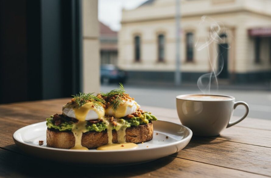 An exquisitely plated artisan brunch dish, possibly Eggs Benedict or a gourmet toast, bathed in dramatic natural light streaming through a window in a charming Ballarat Central cafe, expertly captured by a Ballarat Central professional food photography for cafes specialist, showcasing its vibrant colours and textures in an 'epic moment' style.