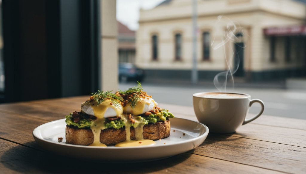 An exquisitely plated artisan brunch dish, possibly Eggs Benedict or a gourmet toast, bathed in dramatic natural light streaming through a window in a charming Ballarat Central cafe, expertly captured by a Ballarat Central professional food photography for cafes specialist, showcasing its vibrant colours and textures in an 'epic moment' style.