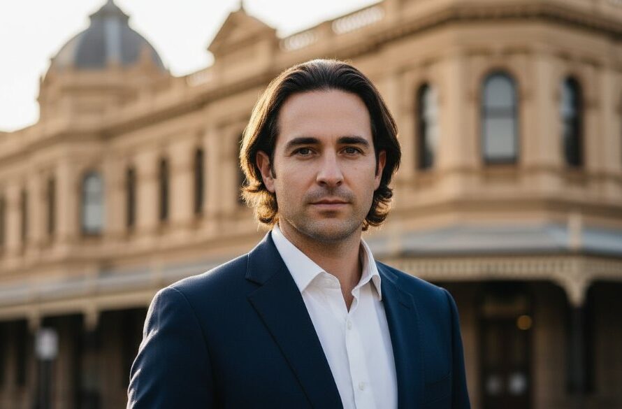 A professional male subject, in a modern suit, confidently looking at the camera against a softly blurred historic backdrop of Ballarat Central, captured during a Ballarat Central professional headshots for career advancement session with dramatic, cinematic lighting highlighting his determination.