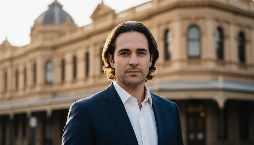 A professional male subject, in a modern suit, confidently looking at the camera against a softly blurred historic backdrop of Ballarat Central, captured during a Ballarat Central professional headshots for career advancement session with dramatic, cinematic lighting highlighting his determination.