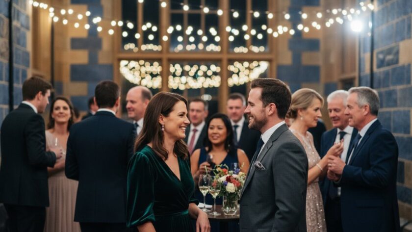 A candid, joyous moment captured during Ballarat Central Victoria event photography storytelling, featuring guests laughing and interacting under elegant string lights at a historic Ballarat venue, showcasing professional photography.