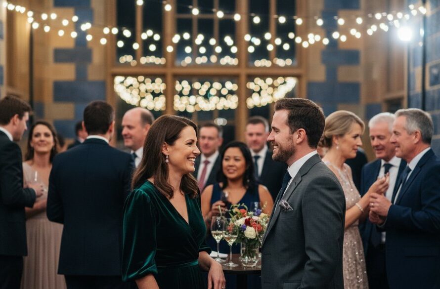 A candid, joyous moment captured during Ballarat Central Victoria event photography storytelling, featuring guests laughing and interacting under elegant string lights at a historic Ballarat venue, showcasing professional photography.