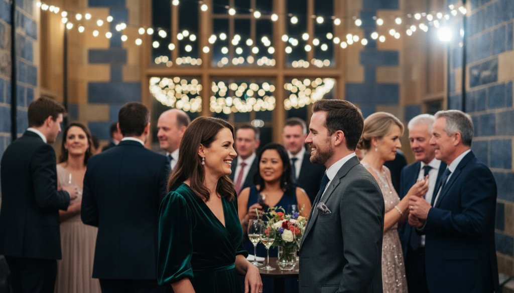 A candid, joyous moment captured during Ballarat Central Victoria event photography storytelling, featuring guests laughing and interacting under elegant string lights at a historic Ballarat venue, showcasing professional photography.