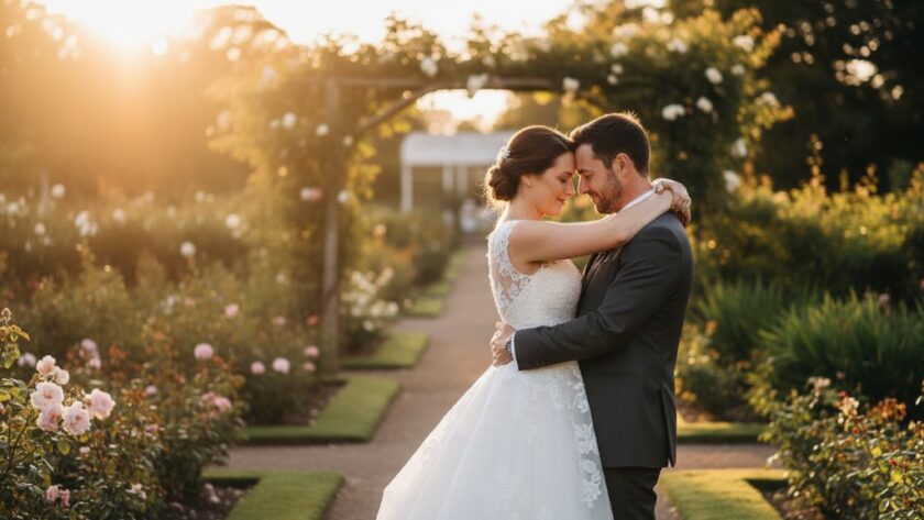 A newly married couple sharing a tender, epic moment during their Ballarat Central wedding photography historic garden vows, framed by ancient trees in the Botanic Gardens at golden hour, dramatic backlighting.