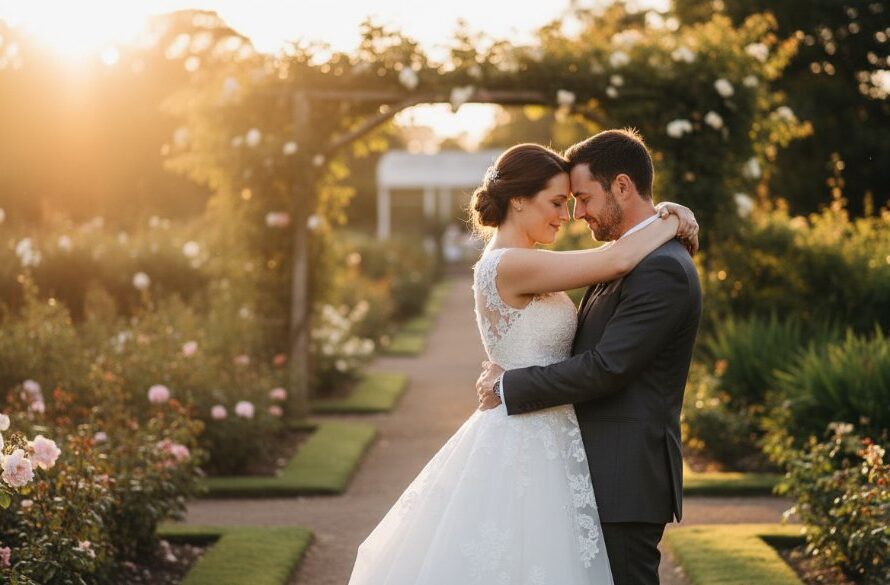 A newly married couple sharing a tender, epic moment during their Ballarat Central wedding photography historic garden vows, framed by ancient trees in the Botanic Gardens at golden hour, dramatic backlighting.