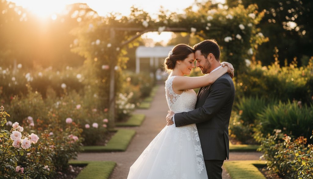 A newly married couple sharing a tender, epic moment during their Ballarat Central wedding photography historic garden vows, framed by ancient trees in the Botanic Gardens at golden hour, dramatic backlighting.