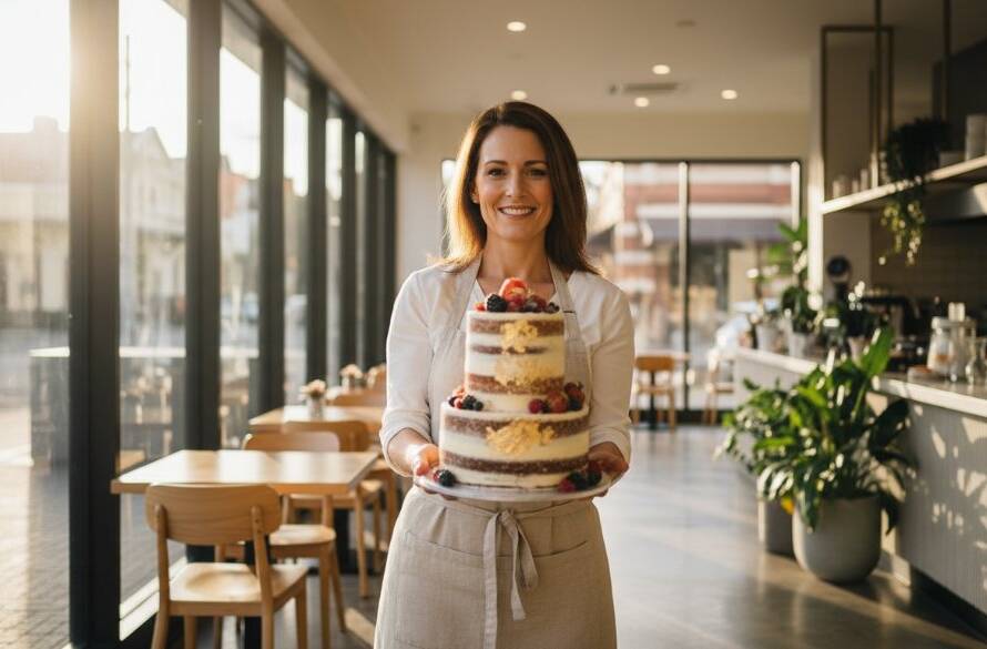 Dramatic, professionally colour-graded photograph showcasing a local Balwyn business owner proudly presenting their artisanal product, lit by golden hour sun, symbolising successful Balwyn advertising photography for local businesses.