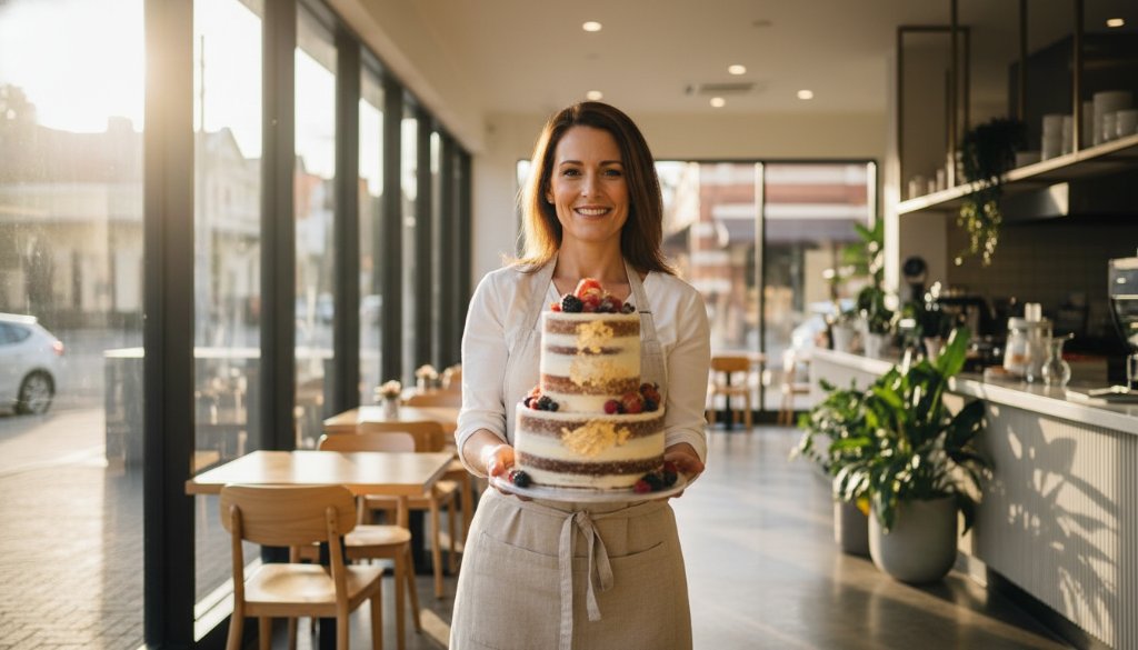 Dramatic, professionally colour-graded photograph showcasing a local Balwyn business owner proudly presenting their artisanal product, lit by golden hour sun, symbolising successful Balwyn advertising photography for local businesses.