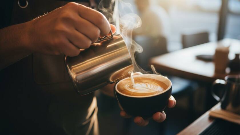 An epic moment captured: a barista expertly pouring latte art into a ceramic cup at a sun-drenched Balwyn artisan cafe, steam rising gracefully, perfect for professional Balwyn artisan cafe food photography portfolio.